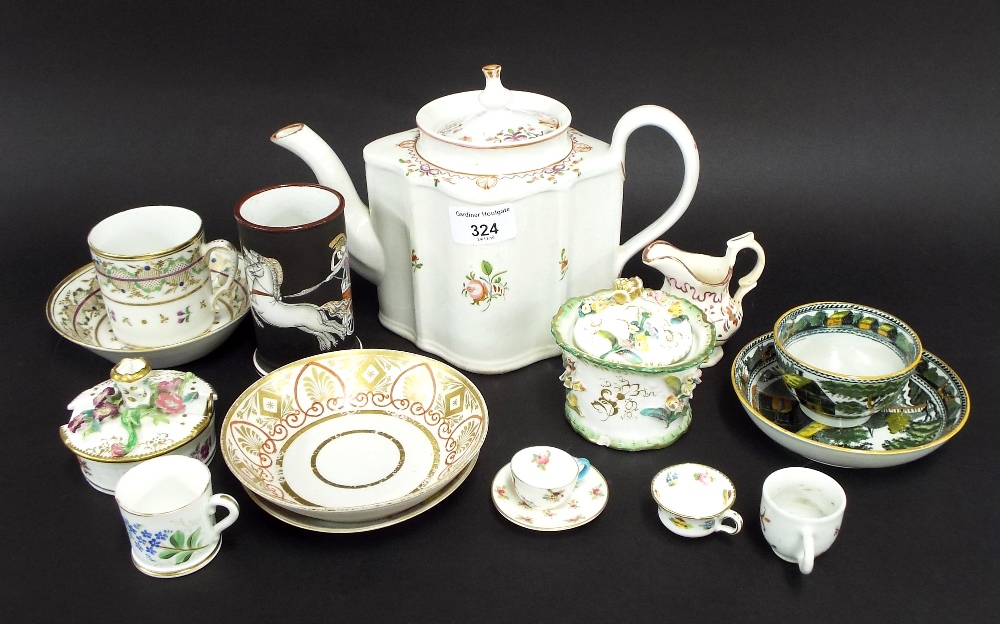 Collection of early English porcelain, to include a serpentine shaped porcelain teapot, miniature