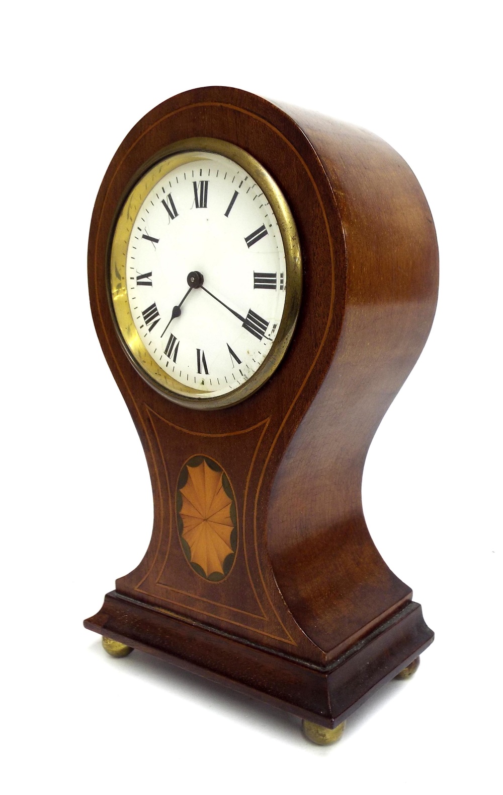 Edwardian walnut and boxwood inlaid balloon head timepiece with 3.5" enamel dial, the case inlaid