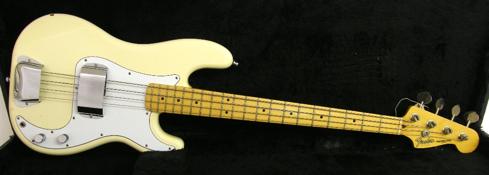 Mid 1980s Fender Precision bass guitar, made in Japan, ser. no. E6xxxx2, Olympic white finish with