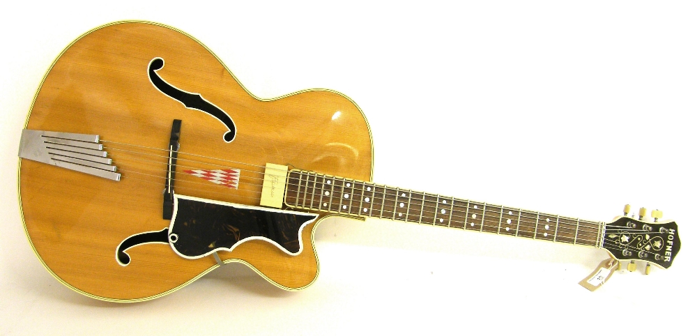 1958 Hofner President archtop guitar, blonde finish with light wear, neck reset, later Framus neck