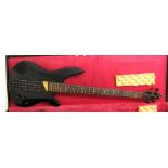 Dean DB94B bass guitar, black finish, some surface wear, electrics in working order, hard case,