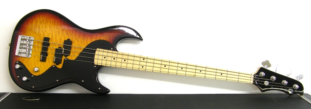 RMI Boomslang Jive bass guitar, quilted sunburst finish, electrics in working order, hard case,