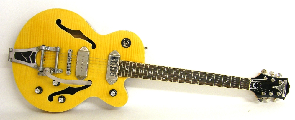 Epiphone Wildkat hollow body electric guitar, made in China, with quilted lemon top, electrics in