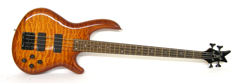 Dean bass guitar, quilted burnt orange finish, EMG-HZ active pickups, electrics in working order,