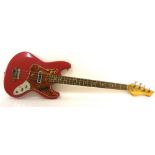 1960s Japanese bass guitar, probably by Teisco, refinished red body with many imperfections, some