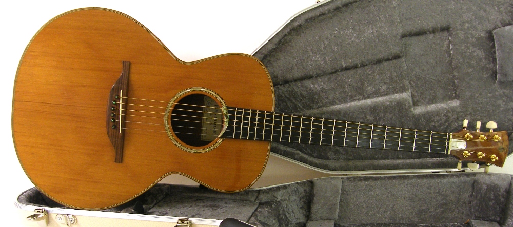1996 John Hullah OM size guitar, no. 626, with reclaimed mahogany back and sides and red western