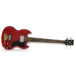 Tokai EB3 style bass guitar, made in China, red finish with minor surface wear, old strap button