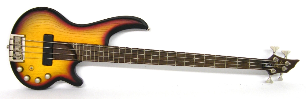 Cort Curbow 4Al bass guitar, sunburst finish, large blemish near to the control cavity on the