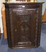 19thC Carved Oak Hanging Corner Cupboard