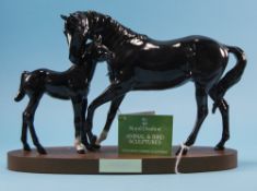 Royal Doulton Horse Figure ' Mare and Foal ' Black Colour way. Date 1989, Raised on a Wooden Plinth.