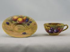 Royal Worcester Hand Painted Matched Miniature Cup and Saucer ' Fallen Fruits ' Signed A.