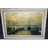 Framed Sunset Harbour Print 'Signed W F Burton 1968'.