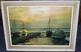 Framed Sunset Harbour Print 'Signed W F Burton 1968'.