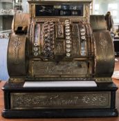 Early National Cash Register, Ornate Brass Body, White Marble Change Plate,