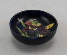 Moorcroft Hand Painted Small Footed Pin Dish ' Orchids ' Pattern on Blue Ground.