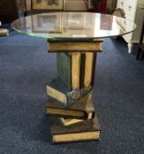 Decorative Coffee Table with book shelf design and glass circular top.