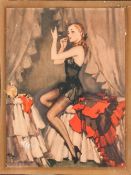 Art Deco Large Glass Photo Frame with Print of Semi-Clad Lady. Size 14.5 x 11.5 Inches.