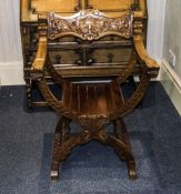 Mid 20thC Ex Frame Hall Chair, Carved Lion Mask And Acanthus Carve Decoration,
