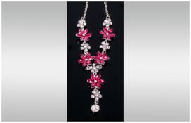 Deep Pink and White Crystal Floral Y Shaped Necklace, the pink flowers of six marquise cut