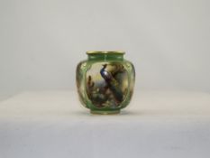 Royal Worcester Hadleys - Small Hand Painted Vase ' Peacock ' In a Woodland Setting. Date 1905.