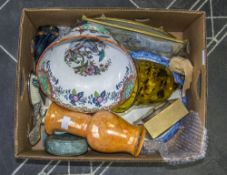 Box Containing A Quantity Of Pottery To Include Dressing Table Set, Clocks, Vase Etc.