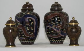 Pair Of Japanese Cloisonne Vases And Covers, Depicting Dragon Decoration Height 7½ Inches.