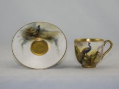 Royal Worcester Hand Painted Matched Miniature Cup and Saucer ' Peacock and Pheasant ' In a