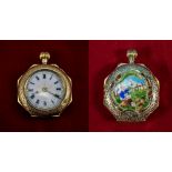 Swiss Fine 15ct Gold and Enamel Octagonal Shaped Ladies Fob Watch. Marked 625 - 15ct.