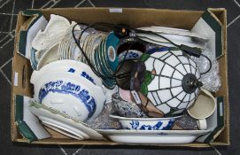 Box Containing A Quantity Of Pottery To Include Blue & White, Saucers, 50's Style Lamp Etc.