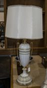Late 20th Century Very Elegant Hand Decorated Deluxe Porcelain and Gilt Metal Urn Shaped Table Lamp.
