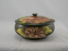 Moorcroft Lidded Powder Bowl ' Coral Hibiscus ' Pattern on Green Ground. Date 15.9.01. 3.