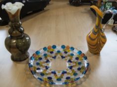 3 Pieces of Decorative Glass, Including 2 Vases, Large Glass Dish.