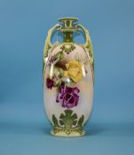 Victoria - Austria Tall Twin Handle ' Roses ' Vase. c.1910. Painted and Transfer. Height 15.