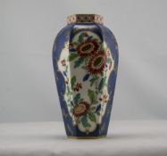 Royal Worcester Hexagonal Shaped Vase with Floral Images on Blue and White Ground. c.1880's.