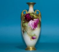 Royal Worcester Hand Painted Twin Handle Vase ' Roses ' Still Life. Date 1912, Shape No.287. 6.