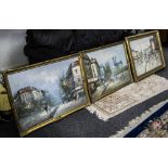 A Set Of 3 Parisian Paintings, Oil On Canvas Depicting Street Scenes And Figures, 2 Signed Burnett,