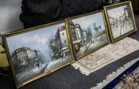 A Set Of 3 Parisian Paintings, Oil On Canvas Depicting Street Scenes And Figures, 2 Signed Burnett,