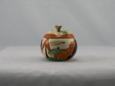 Clarice Cliff Hand Painted Preserve Pot and Cover ' Trees and Houses ' Pattern. c.1929. Height 3.