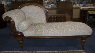 Victorian Walnut Framed Chaise Longue, Re-Upholstered In Beige With Cushion,