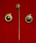 A 9ct Gold Pair of Earrings with Matching 9ct Gold Stick Pin. Fully Hallmarked for Birmingham 1972.