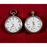 Early 20th Century Pair of Silver Open Faced Pocket Watches, with White Porcelain Dials. Marked 800.