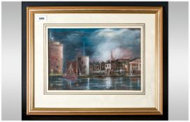 Bealey Framed Pastel Riverside View Titled La Rochelle Dawn.