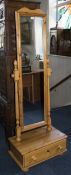Pine Cheval Mirror with single drawer to base.