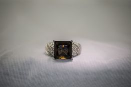 Ladies 9ct White Gold Smoky Quartz and Diamond Ring. Marked 9ct.