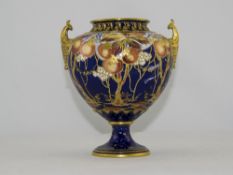 Royal Crown Derby Twin Handle Hand Painted Globular Shaped Pedestal Vase. Date 1904.