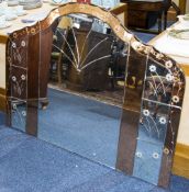 Large 1950's Overmantle Mirror, Wooden Backed, With Peach Coloured Border,