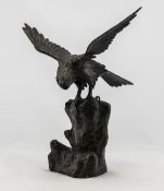 Oriental Bronze Figure. Depicting A Bird Of Prey Perched On A Rocky Base, Signed To Base.