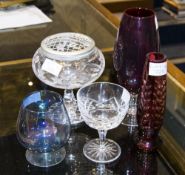 Mixed Collection Of Glass Comprising Webb Corbett Ruby Vase, Blue Lustre Wine Glass,