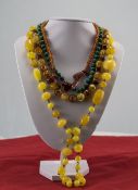 A Vintage Collection of Five Bead Necklaces, Malachite, Amber etc. Various Lengths.