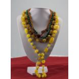 A Vintage Collection of Five Bead Necklaces, Malachite, Amber etc. Various Lengths.